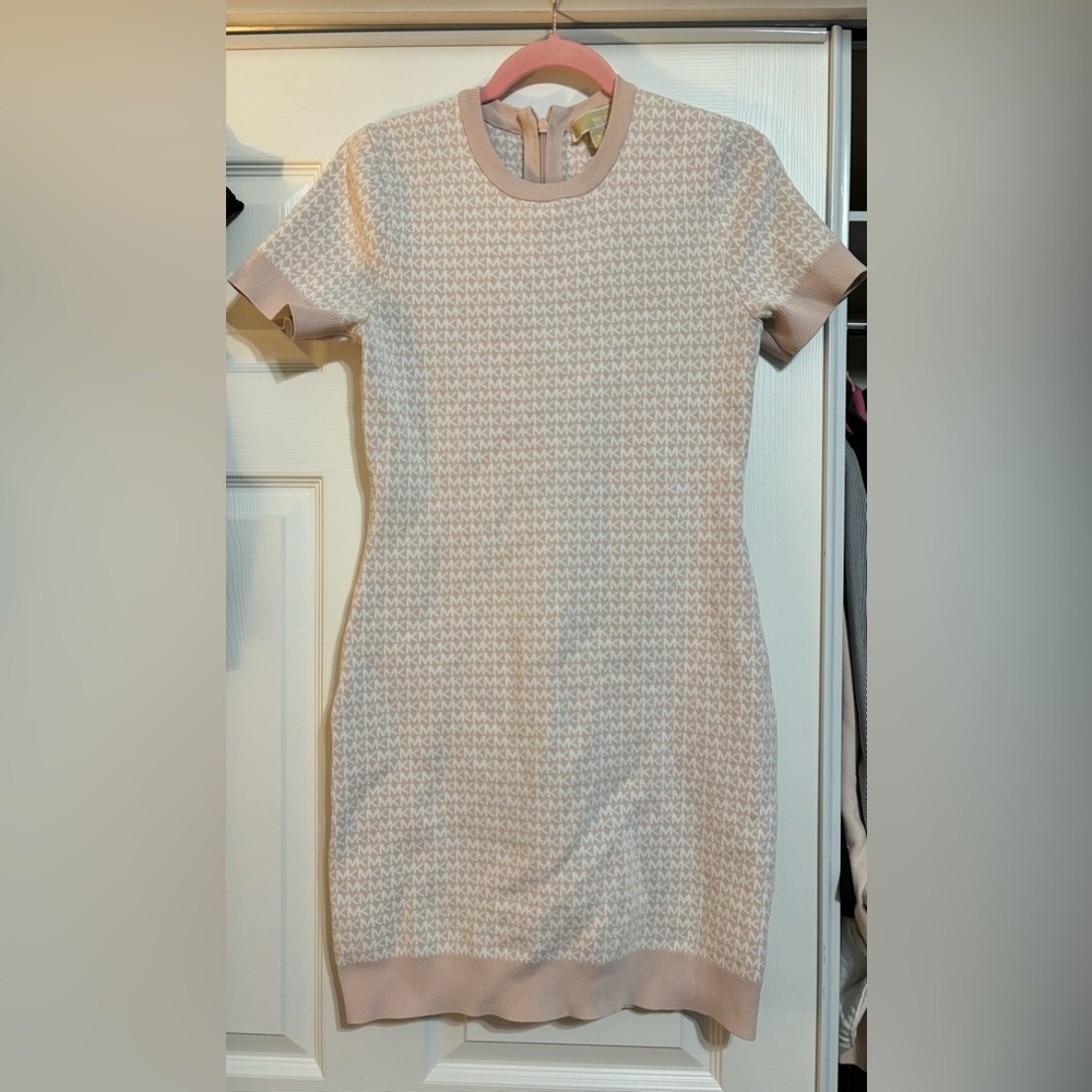 Michael Kors mini logo short sleeve pink bodycon dress, size M